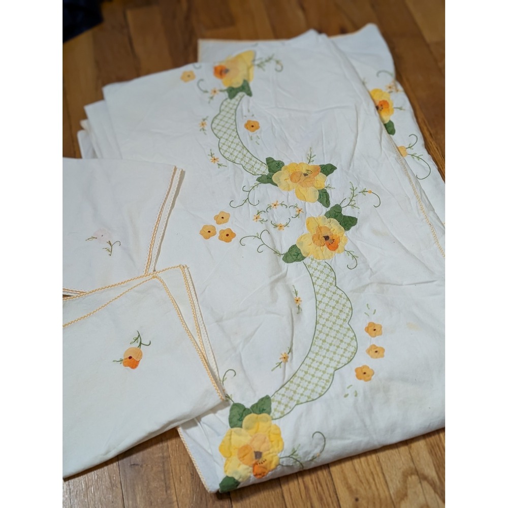 Vintage Hand Embroidered Floral Tablecloth Napkin Set Yellow Orange Cottagecore